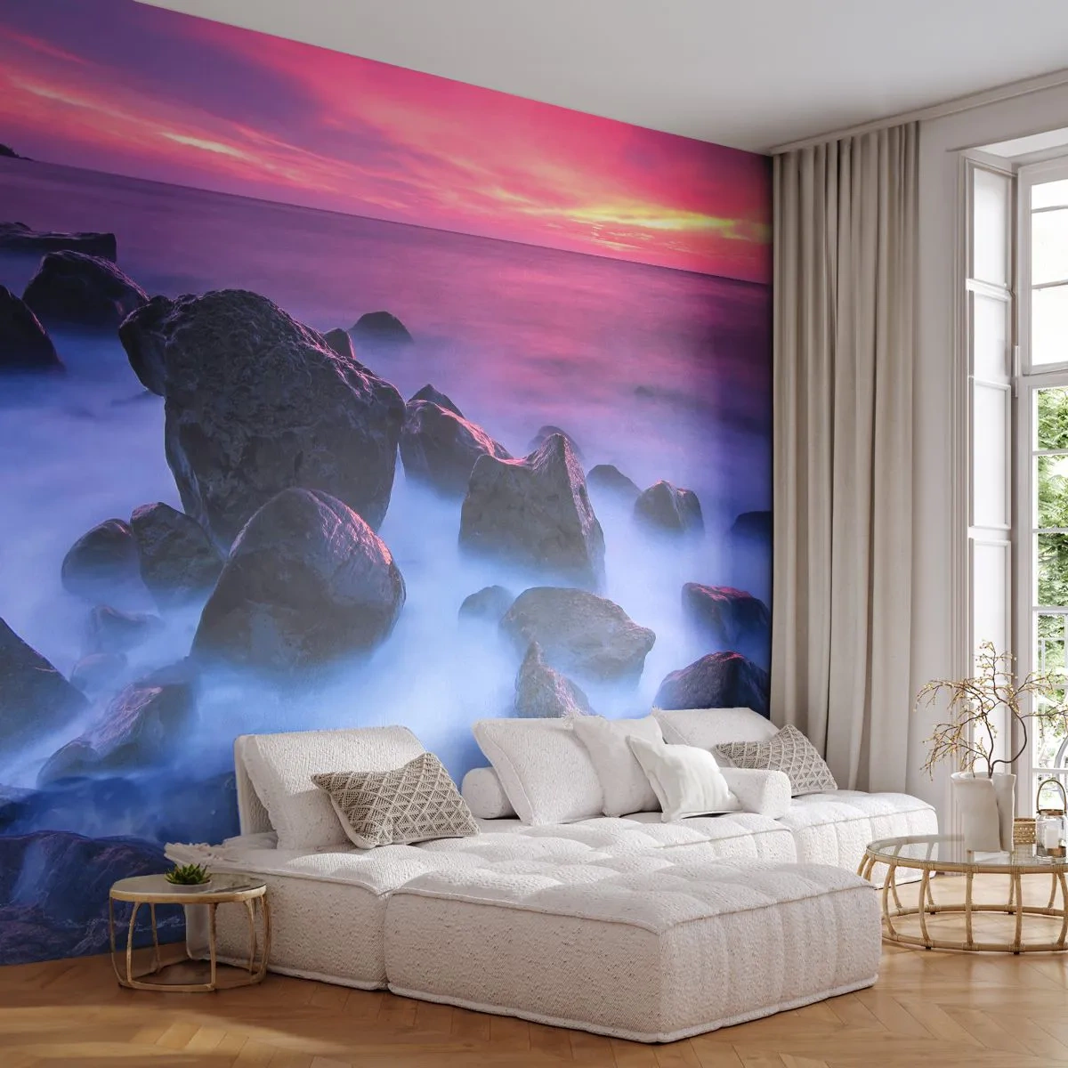 Fotomurali Premium Sand - Nascita nella luce e nella nebbia - Paesaggio, Oceano, Tramonto - 100x70 cm