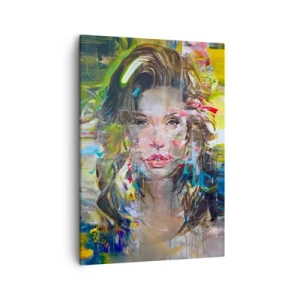 Quadro su tela - Stampe su Tela - Ritratto astratto di una donna dai colori intensi - 50x70cm - Dietro una tenda di vento - Decorazione murale moderna per soggiorno e camera da letto ARTTOR