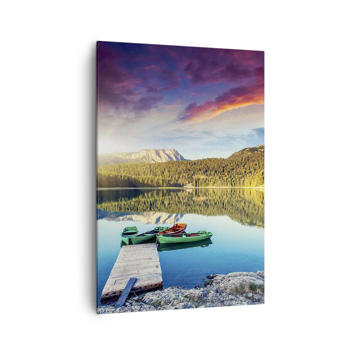 Quadro su tela - Stampe su Tela - Tramonto sul lago con barche al molo - 70x100cm - Sull'acqua liscia come uno specchio - Decorazione murale moderna per soggiorno e camera da letto ARTTOR