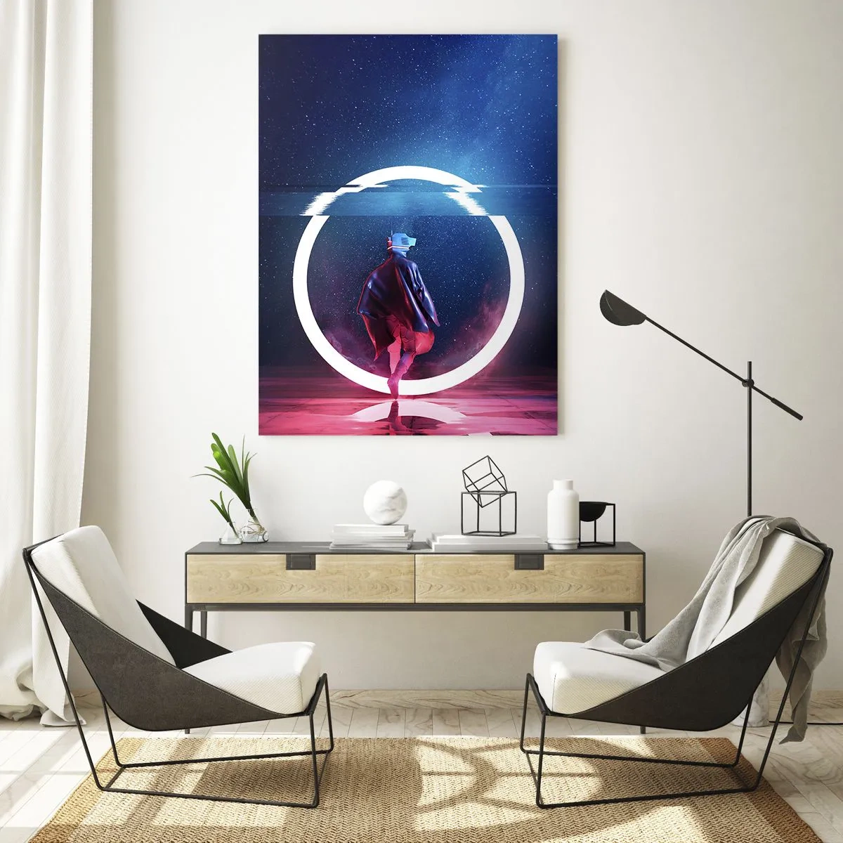 Quadro su vetro - Un personaggio in un ambiente futuristico con un cerchio al neon - 80x120cm - Tra due mondi - Decorazione murale moderna per soggiorno e camera da letto ARTTOR