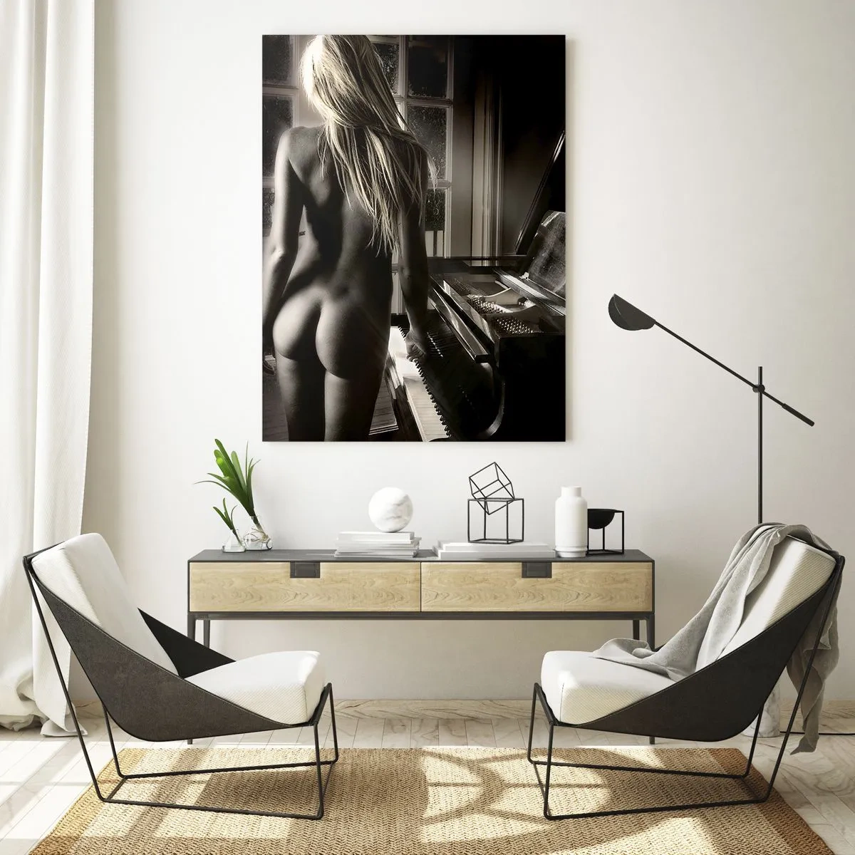 Quadro su vetro - Nudo femminile al pianoforte in stile bianco e nero - 80x120cm - La perfetta armonia della sera - Decorazione murale moderna per soggiorno e camera da letto ARTTOR