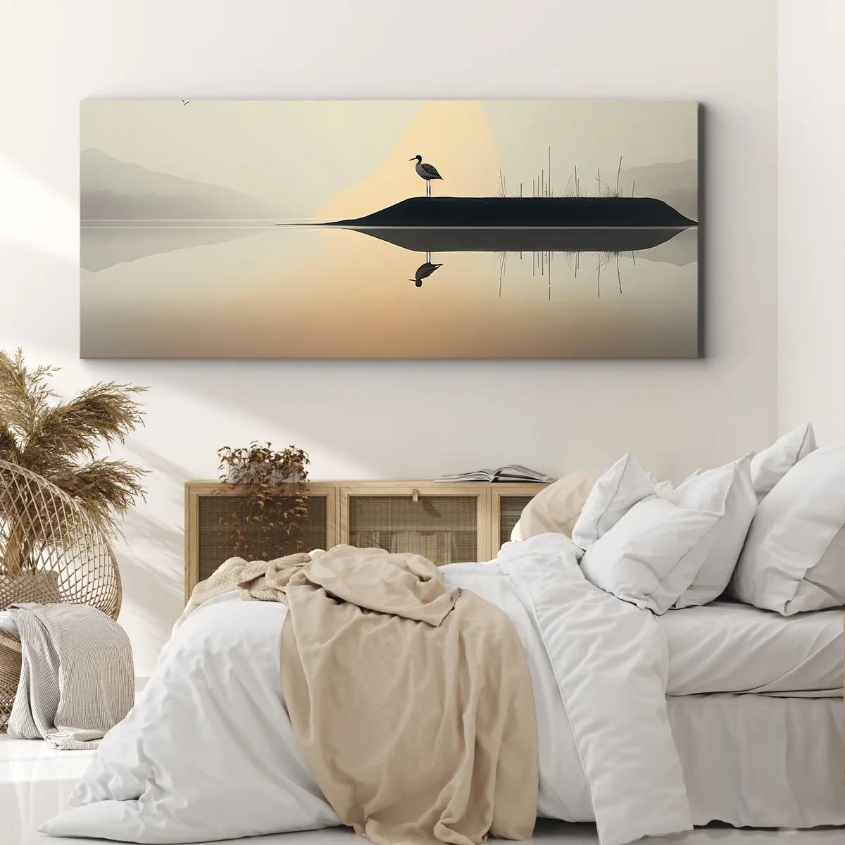 Quadro su tela - Stampe su Tela - Un uccello su un'isola in un lago calmo con tonalità calde - 160x50cm - Il signore del lago - Decorazione murale moderna per soggiorno e camera da letto ARTTOR