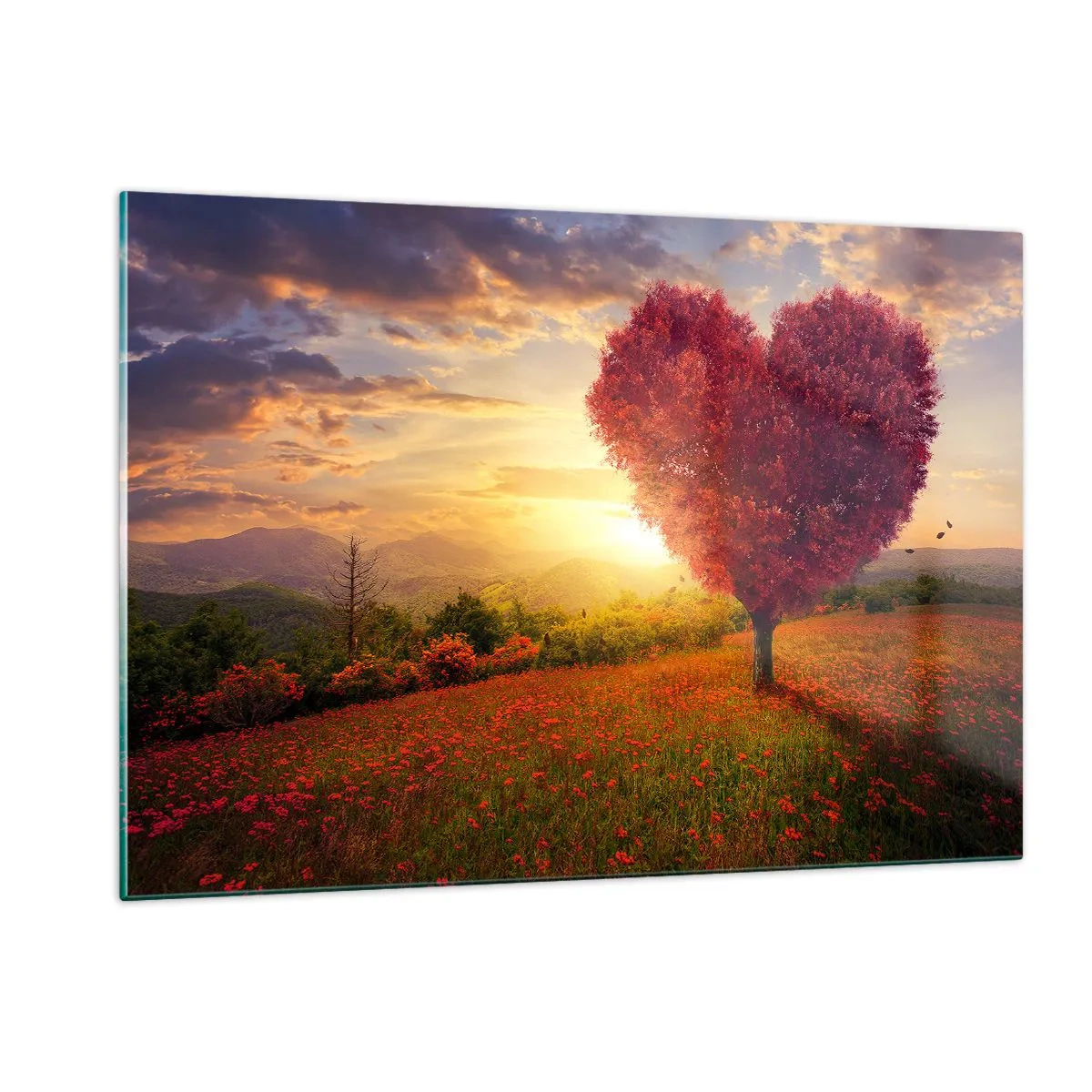 Quadro su vetro - Un albero a forma di cuore in un campo al tramonto - 120x80cm - Ti prende al cuore - Decorazione murale moderna per soggiorno e camera da letto ARTTOR
