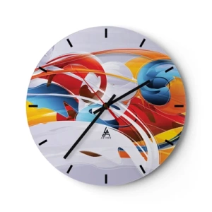 Orologio da parete - Orologio in Vetro - Forme astratte nei colori dinamici rosso, blu e giallo - 30x30cm - La danza degli elementi - Decorazione murale moderna per soggiorno, cucina e camera da letto ARTTOR