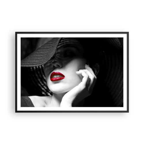 Poster in cornice nera - Ritratto in bianco e nero di una donna con le labbra rosse - 100x70cm - Studio in scarlatto - Decorazione murale moderna per soggiorno e camera da letto ARTTOR