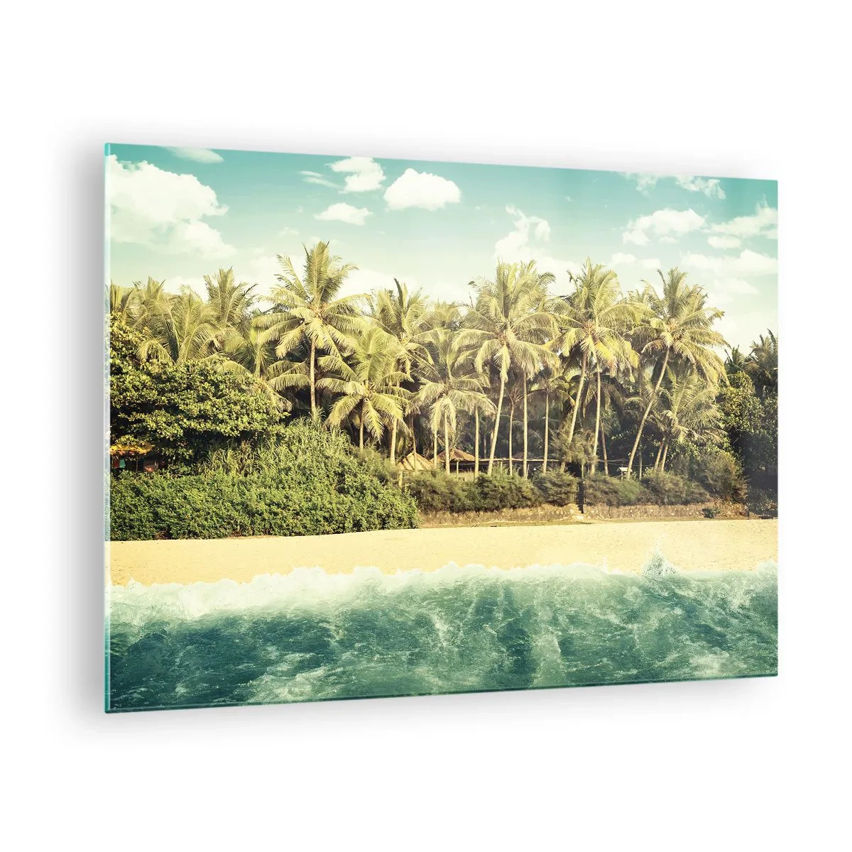 Quadro su vetro - Una spiaggia esotica con palme e un mare turchese in una giornata di sole - 70x50cm - Forse qui? - Decorazione murale moderna per soggiorno e camera da letto ARTTOR