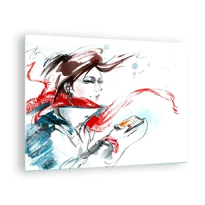 Quadro su vetro - Una donna con una sciarpa rossa dai dettagli dinamici e schizzati. - 70x50cm - Sentire la musica dentro - Decorazione murale moderna per soggiorno e camera da letto ARTTOR