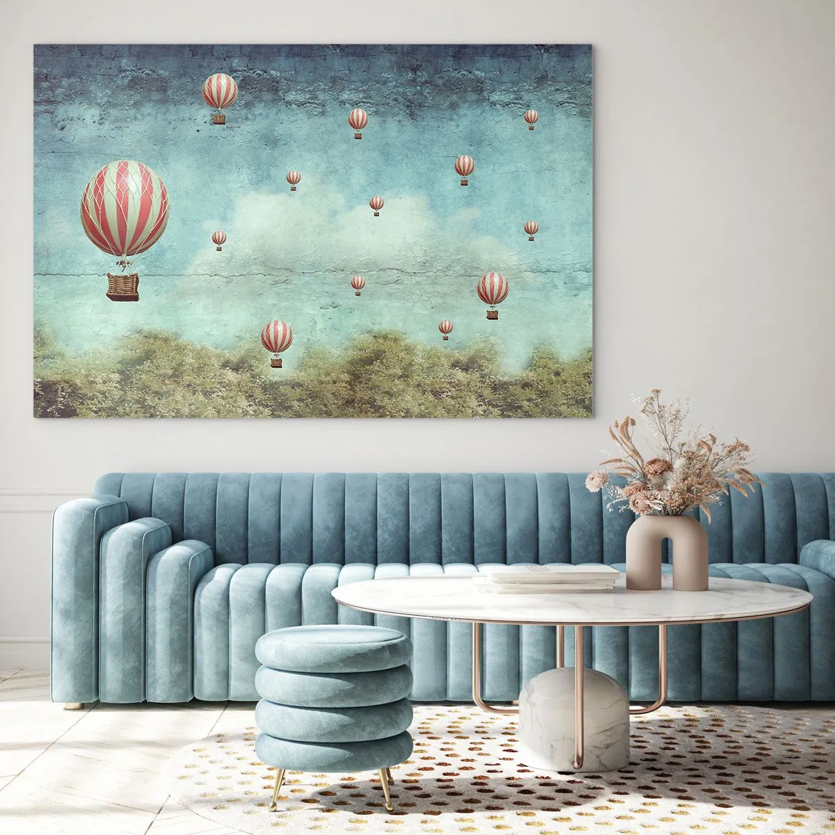 Quadro su vetro - Palloncini che fluttuano su un paesaggio verde - 100x70cm - Liberi dal tumulto della vita - Decorazione murale moderna per soggiorno e camera da letto ARTTOR