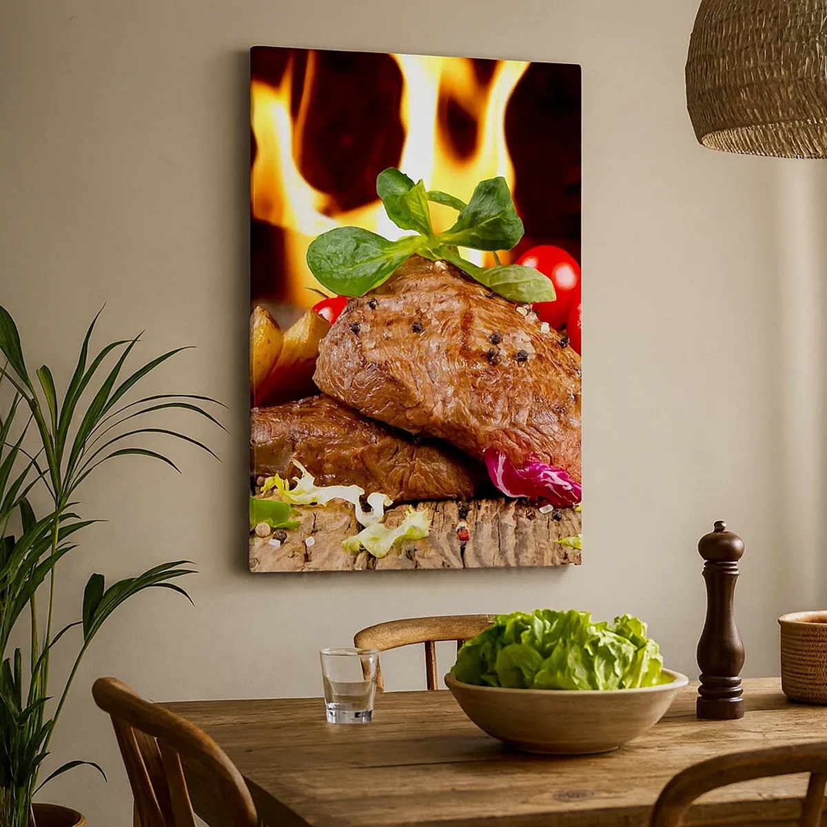 Quadro su tela - Stampe su Tela - Bistecca alla griglia con contorni sullo sfondo delle fiamme - 50x70cm - Incantate dal fuoco - Decorazione murale moderna per soggiorno e camera da letto ARTTOR