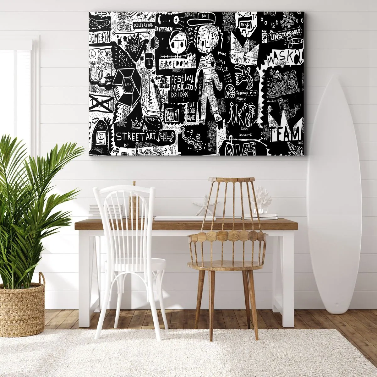 Quadro su tela - Stampe su Tela - Collage in bianco e nero ispirato alla street art - 70x50cm - Gioventù spirituale di giustizia e gioia - Decorazione murale moderna per soggiorno e camera da letto ARTTOR