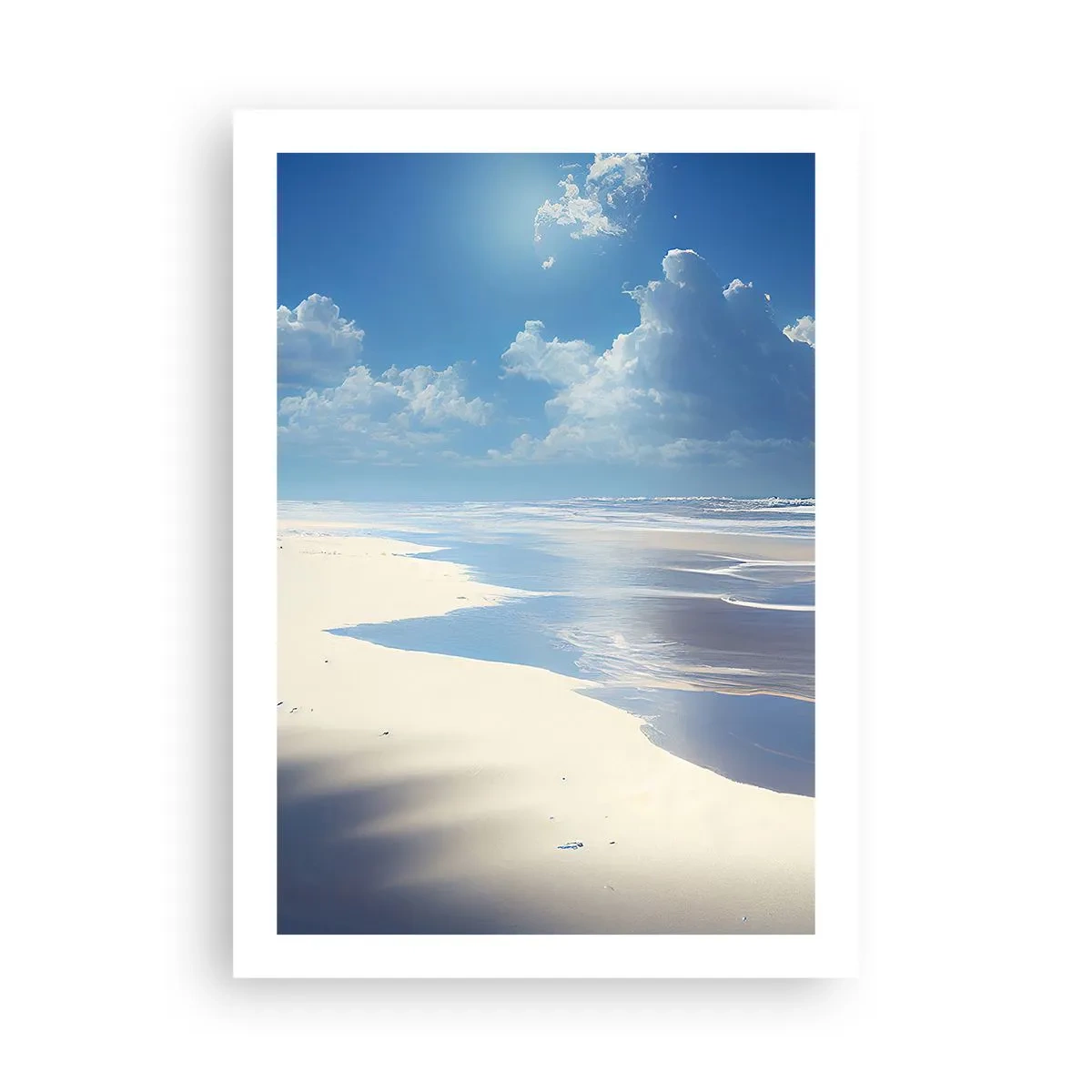 Poster - Una spiaggia soleggiata con il cielo riflesso nell'acqua - 50x70cm - Vacanze in paradiso - Decorazione murale moderna per soggiorno e camera da letto ARTTOR