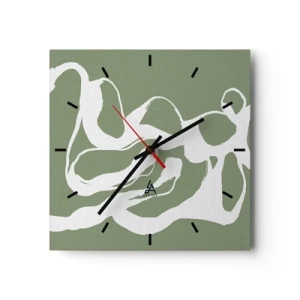 Orologio da parete - Orologio in Vetro - Forme organiche in bianco su sfondo verde - 30x30cm - Il richiamo dello spazio - Decorazione murale moderna per soggiorno e camera da letto ARTTOR