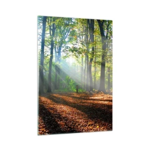 Quadro su vetro - Una foresta sotto i raggi del sole in uno scenario autunnale - 50x70cm - Luci e ombre - Decorazione murale moderna per soggiorno e camera da letto ARTTOR