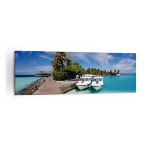 Quadro su tela - Stampe su Tela - Un molo su un mare turchese con barche e palme - 160x50cm - Il paradiso esiste davvero - Decorazione murale moderna per soggiorno e camera da letto ARTTOR