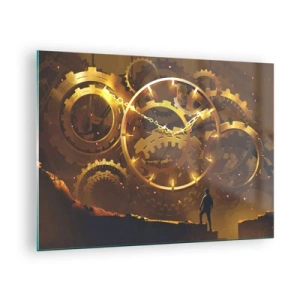 Quadro su vetro - Ingranaggi steampunk dorati con retroilluminazione su una sagoma umana - 70x50cm - Alla fonte del tempo - Decorazione murale moderna per soggiorno e camera da letto ARTTOR