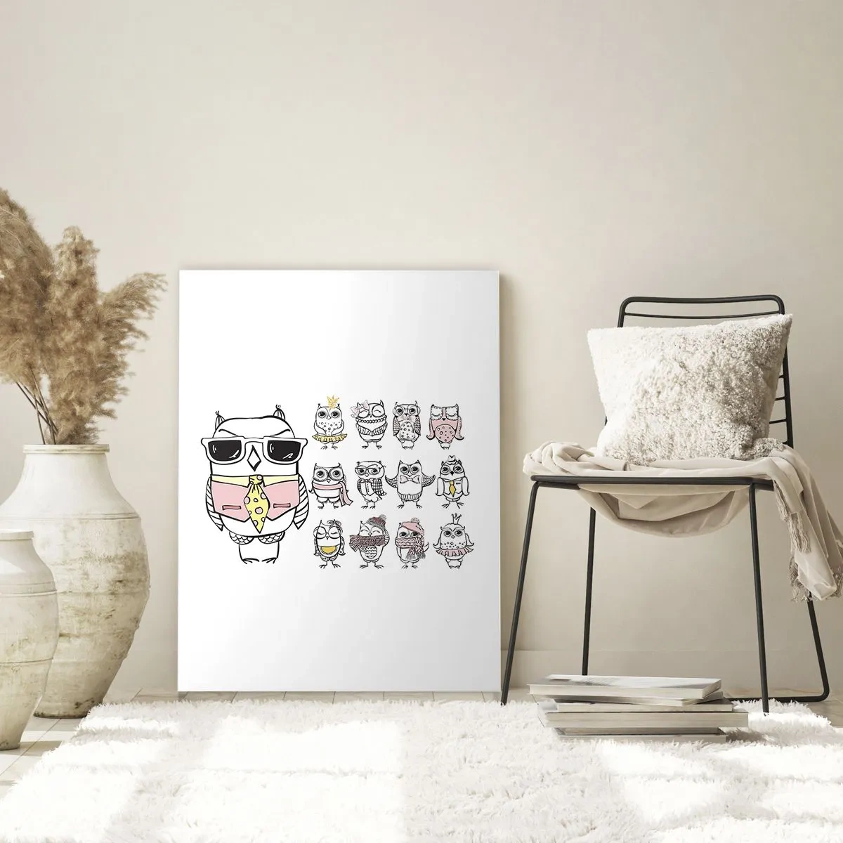 Quadro su vetro - Gufi in diversi stili e vestiti - 70x100cm - Tanti ruoli da svolgere - Decorazione murale moderna per soggiorno e camera da letto ARTTOR