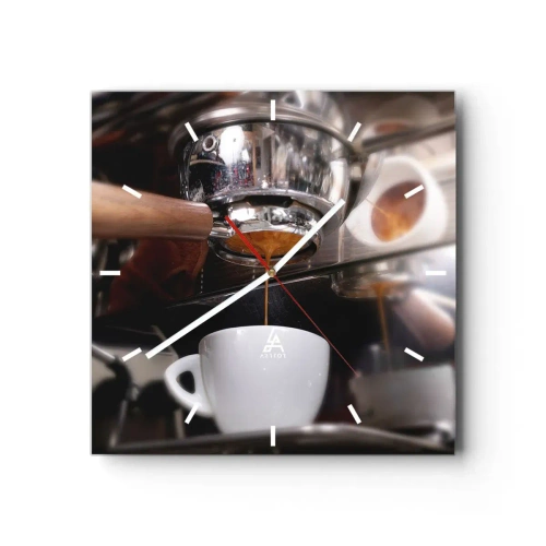 Orologio da parete - Orologio in Vetro - Primo piano di una macchina da caffè che prepara un espresso fresco - 30x30cm - Il miglior momento della giornata - Decorazione murale moderna per soggiorno e camera da letto ARTTOR