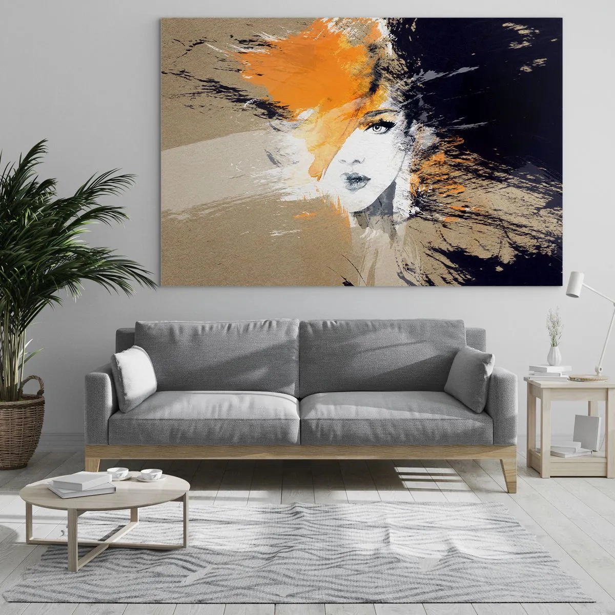 Quadro su vetro - Ritratto astratto di una donna con accenti arancioni - 70x50cm - E la luce fu - Decorazione murale moderna per soggiorno e camera da letto ARTTOR