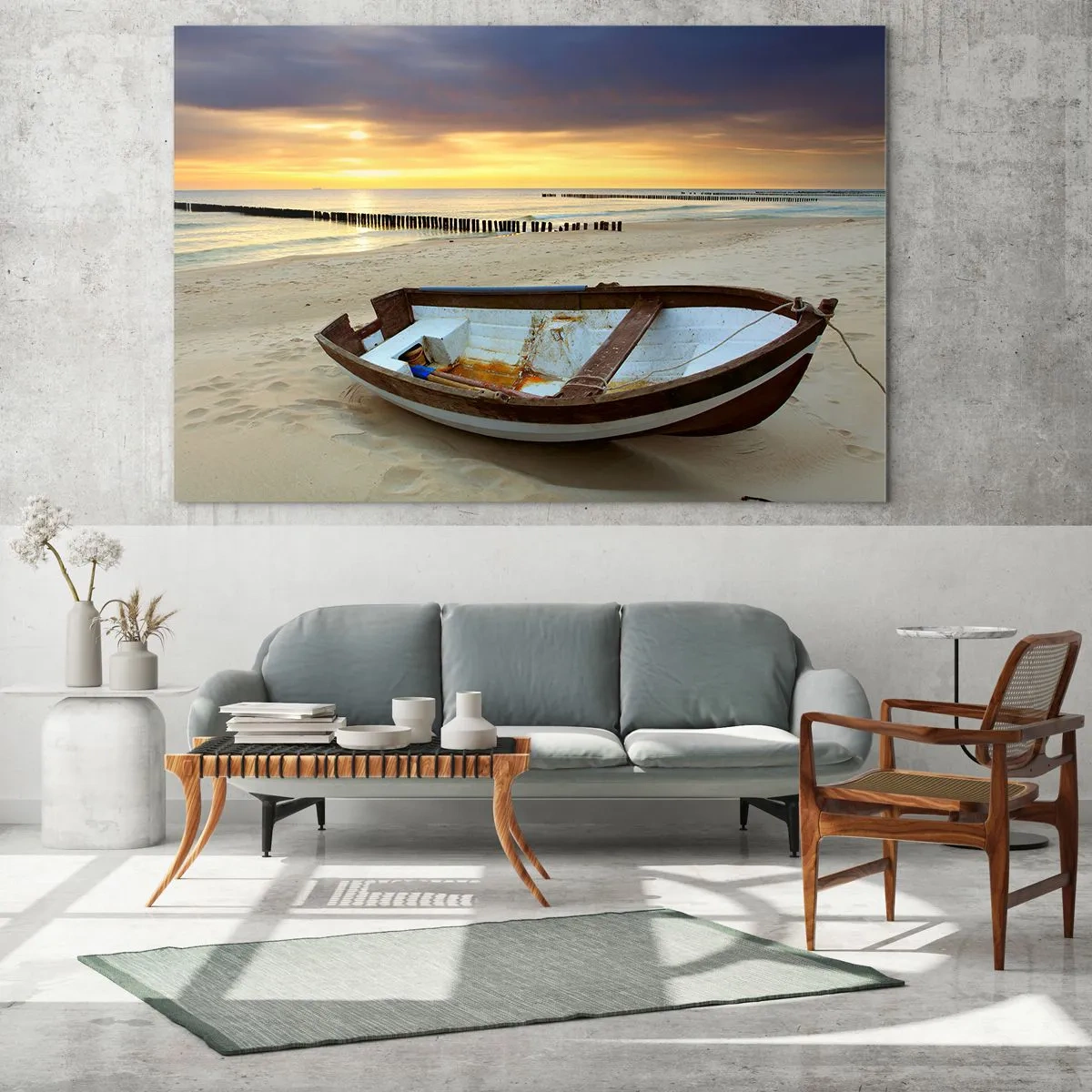 Quadro su vetro - Una barca su una spiaggia sabbiosa all'alba - 70x50cm - Non vi sono spiagge più belle - Decorazione murale moderna per soggiorno e camera da letto ARTTOR