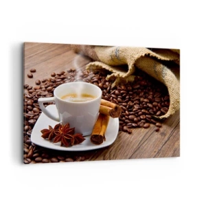 Quadro su tela - Stampe su Tela - Una tazza di caffè con cannella e anice su uno sfondo di chicchi di caffè - 100x70cm - Sapore e profumo speziato - Decorazione murale moderna per soggiorno e camera da letto ARTTOR
