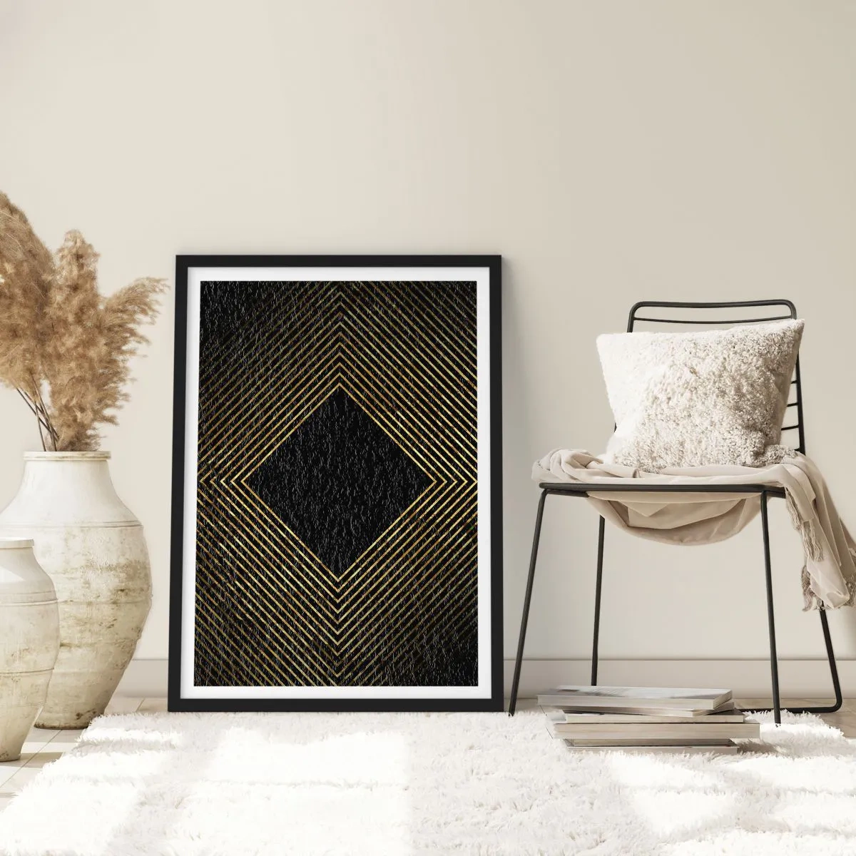 Poster in cornice nera - Linee geometriche dorate su sfondo nero - 50x70cm - Geometria in stile glamour - Decorazione murale moderna per soggiorno e camera da letto ARTTOR