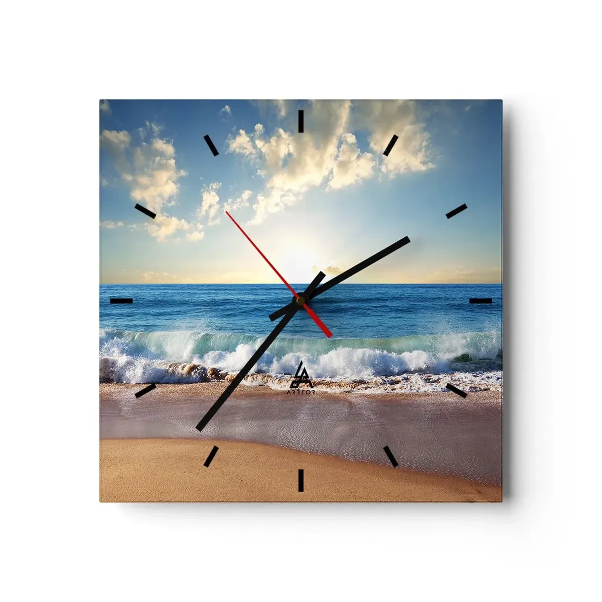 Orologio da parete - Orologio in Vetro - Una spiaggia soleggiata con onde che si infrangono sulla riva - 30x30cm - Insieme movimento e immobilità - Decorazione murale moderna per soggiorno e camera da letto ARTTOR