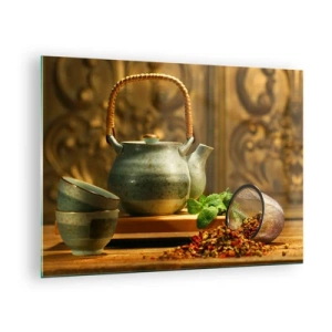 Quadro su vetro - Set da tè in ceramica con erbe aromatiche in una decorazione classica - 70x50cm - Trattato sul tè - Decorazione murale moderna per soggiorno e camera da letto ARTTOR