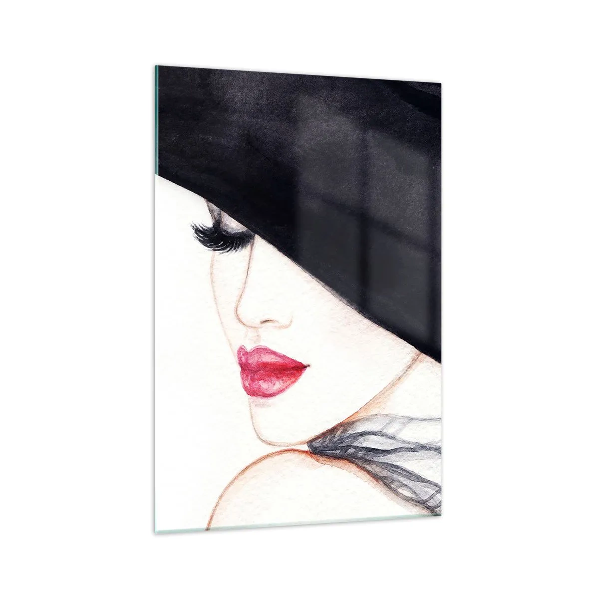 Quadro su vetro - Un'illustrazione sottile di una donna con un cappello nero e labbra rosse - 70x100cm - Eleganza e sensualità - Decorazione murale moderna per soggiorno e camera da letto ARTTOR