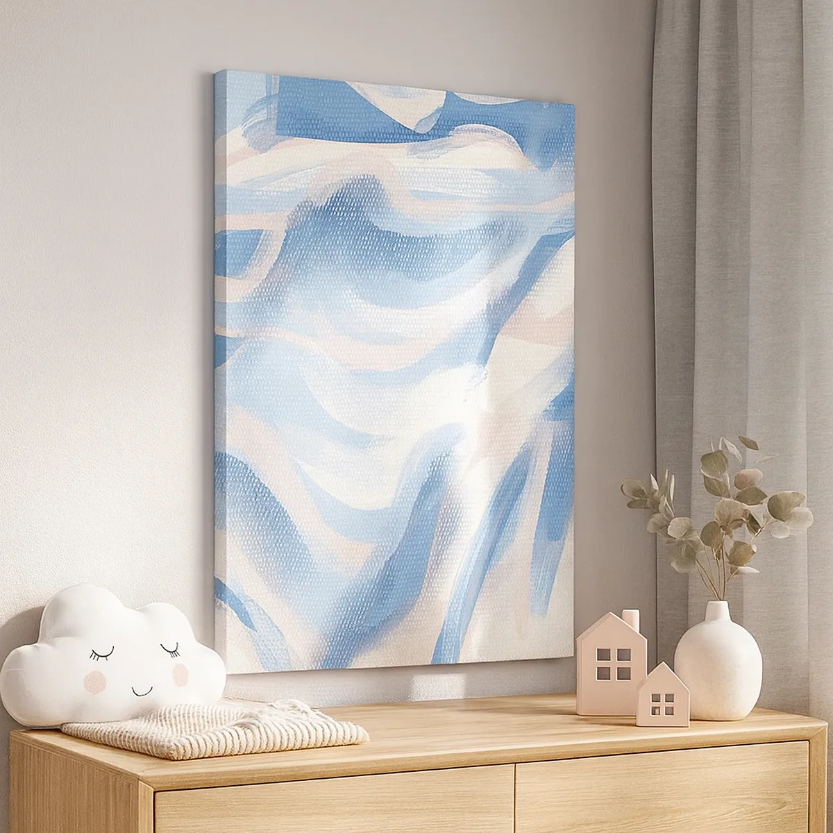 Quadro su tela - Stampe su Tela - Pennellate astratte nei toni del blu e del beige - 50x70cm - Ondulazioni azzurre - Decorazione murale moderna per soggiorno e camera da letto ARTTOR