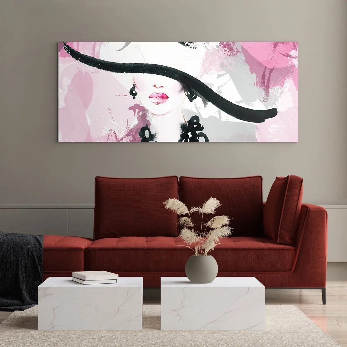 Quadro su vetro - Ritratto di donna in nero e rosa - 100x40 cm