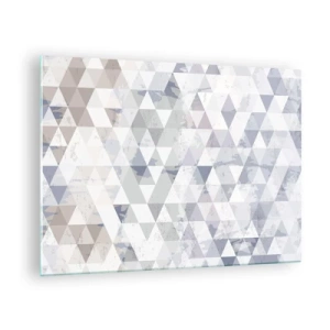 Quadro su vetro - Motivo geometrico a triangolo in tonalità neutre di grigio e beige - 70x50cm - Al ritmo di tre - Decorazione murale moderna per soggiorno e camera da letto ARTTOR