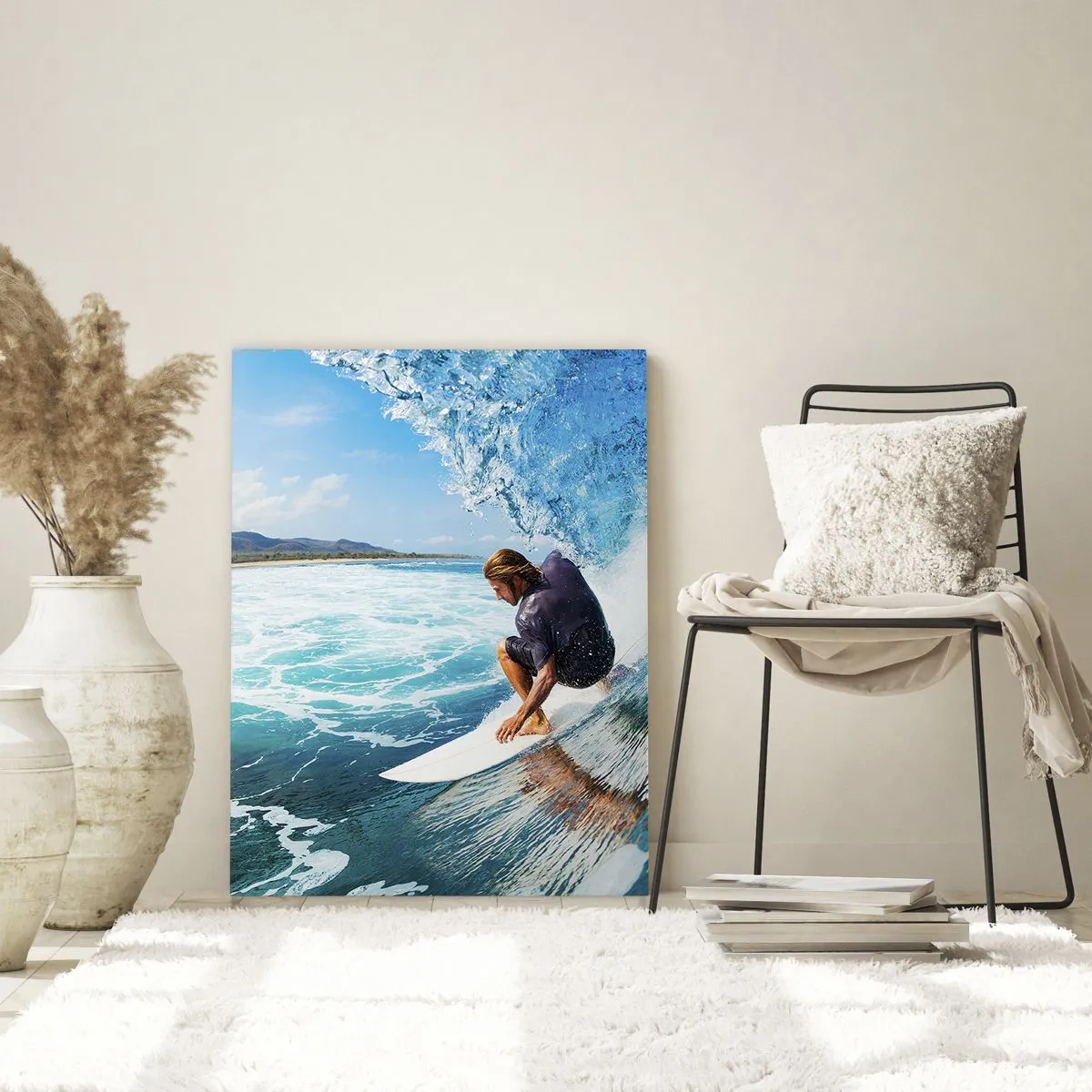 Quadro su vetro - Surfista in un tunnel d'acqua con l'oceano sullo sfondo - 50x70cm - Ballando con le onde - Decorazione murale moderna per soggiorno e camera da letto ARTTOR