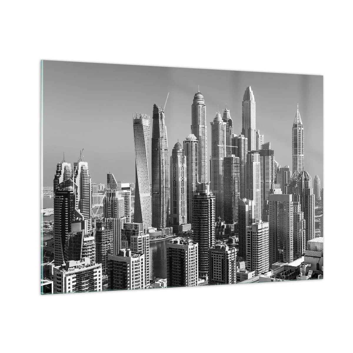Quadro su vetro - Panorama in bianco e nero dei grattacieli della città - 100x70cm - La città sul deserto - Decorazione murale moderna per soggiorno e camera da letto ARTTOR