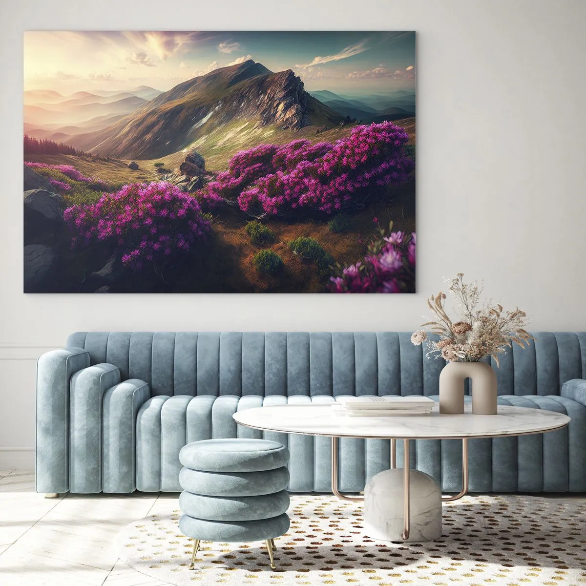 Quadro su vetro - Paesaggio montano estivo con erica rosa in fiore - 120x80cm - L'estate sui monti - Decorazione murale moderna per soggiorno e camera da letto ARTTOR