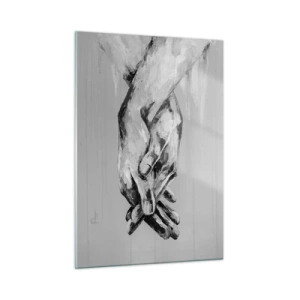 Quadro su vetro - Dipinto in bianco e nero di due mani che si cercano - 50x70cm - Inizio... - Decorazione murale moderna per soggiorno e camera da letto ARTTOR