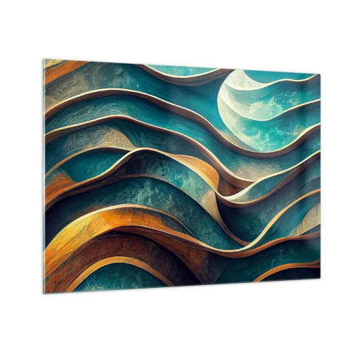 Quadro su vetro - Linee dinamiche in blu e rame che creano onde - 70x50cm - I meandri del blu - Decorazione murale moderna per soggiorno e camera da letto ARTTOR
