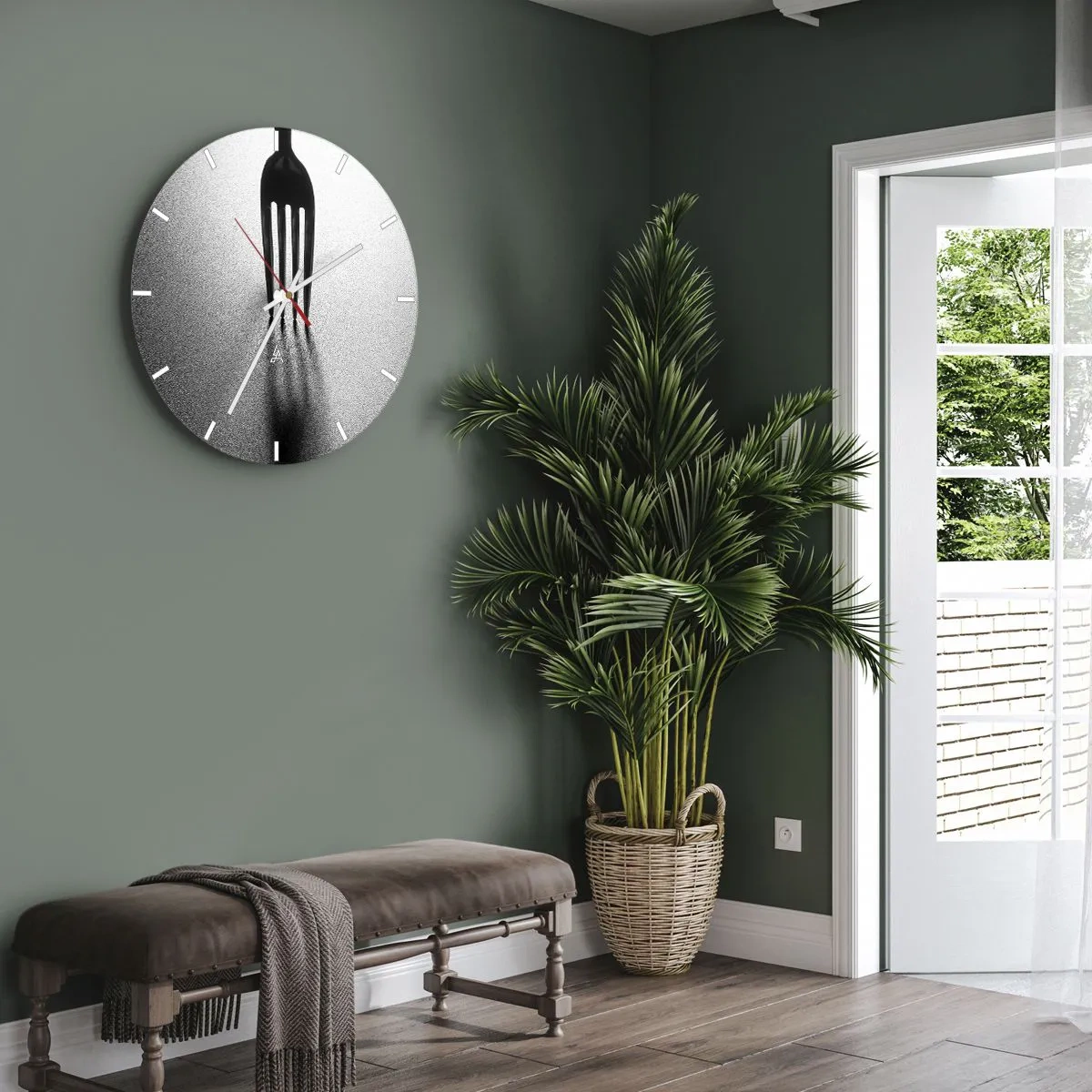 Orologio da parete - Orologio in Vetro - Forchetta nera su sfondo argento con ombra - 30x30cm - Luce e ombra - Decorazione murale moderna per soggiorno, cucina e camera da letto ARTTOR