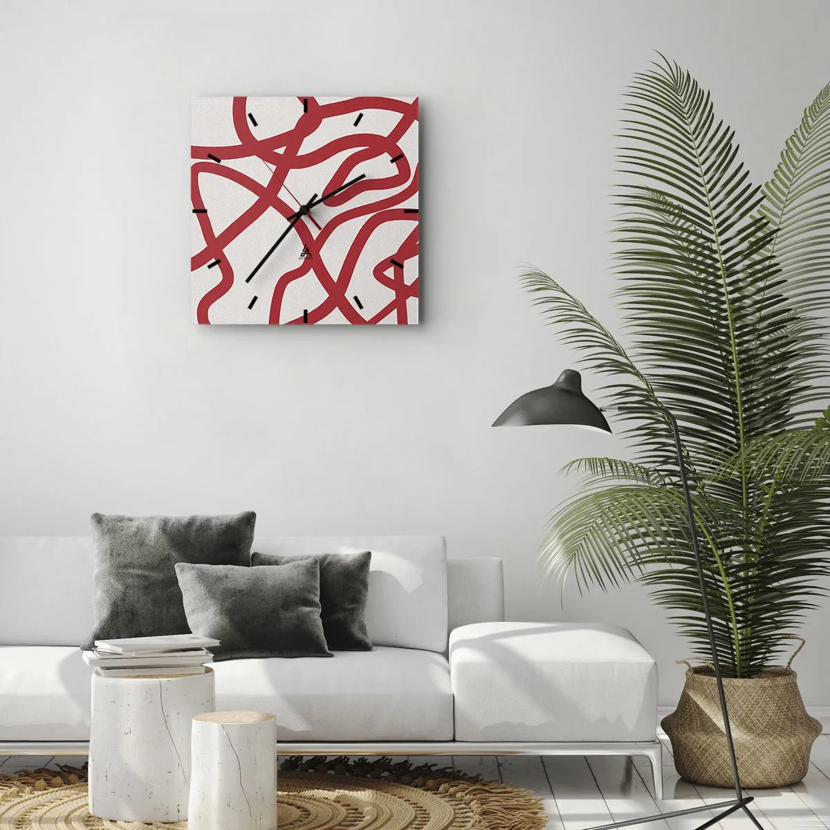 Orologio da parete - Orologio in Vetro - Linee astratte rosse su sfondo bianco - 30x30cm - Rosso su bianco - Decorazione murale moderna per soggiorno e camera da letto ARTTOR