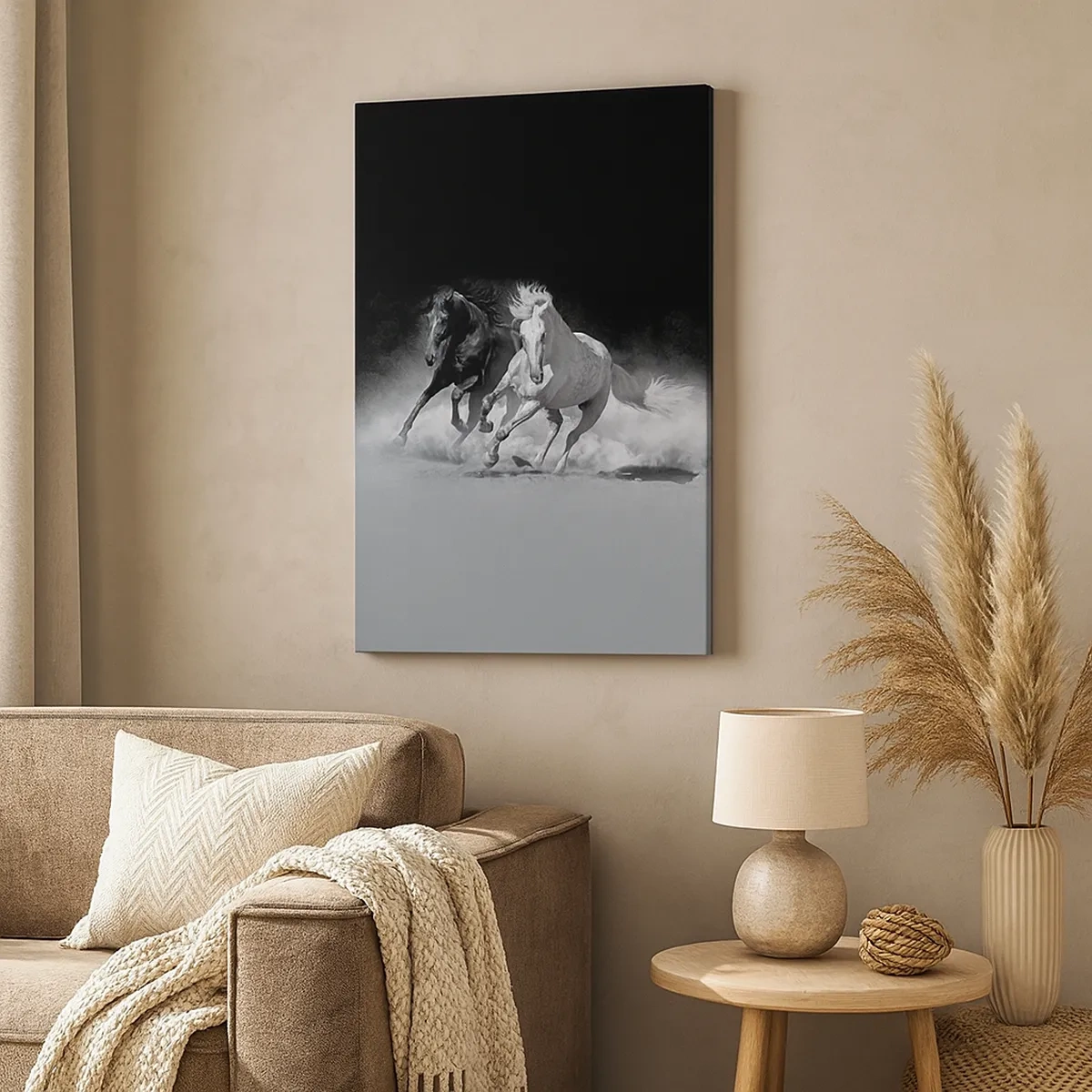 Quadro su tela - Stampe su Tela - Cavalli in corsa in bianco e nero - 50x70cm - Il galoppo della libertà - Decorazione murale moderna per soggiorno e camera da letto ARTTOR