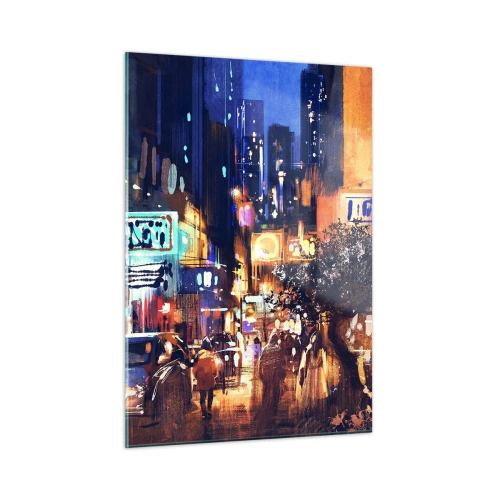 Quadro su vetro - Pittoresca scena notturna della città con luci al neon e traffico stradale - 50x70cm - Ma la città non dorme - Decorazione murale moderna per soggiorno e camera da letto ARTTOR
