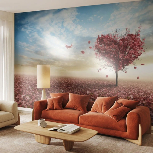 Fotomurali Premium Sand - Un albero a forma di cuore sullo sfondo di un paesaggio autunnale - 100x70cm - Ama questo autunno - Decorazione murale moderna per soggiorno e camera da letto ARTTOR