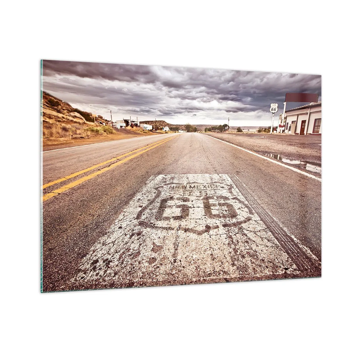Quadro su vetro - Route 66 con vista sull'orizzonte - 100x70cm - La Route 66: una leggenda americana - Decorazione murale moderna per soggiorno e camera da letto ARTTOR