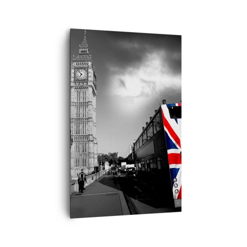 Quadro su tela - Stampe su Tela - Il Big Ben e un autobus con una bandiera britannica su uno sfondo bianco e nero - 80x120cm - Orgogliosa e grande - Decorazione murale moderna per soggiorno e camera da letto ARTTOR