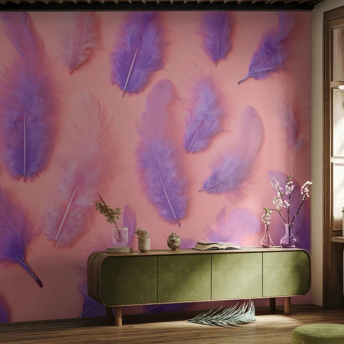 Fotomurali Standard Eco - Piume viola su sfondo rosa pastello - 100x70cm - L'uccello lilla del desiderio - Decorazione murale moderna per soggiorno e camera da letto ARTTOR