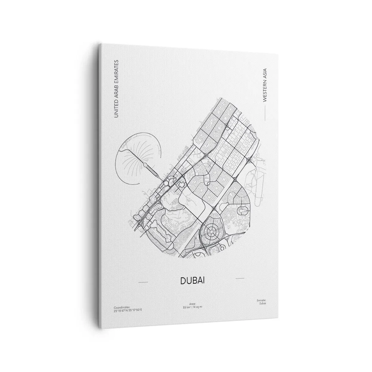 Quadro su tela - Stampe su Tela - Una mappa minimalista in bianco e nero di Dubai con indicazioni di posizione. - 50x70cm - Anatomia di Dubai - Decorazione murale moderna per soggiorno e camera da letto ARTTOR