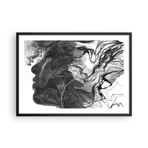 Poster in cornice nera - Volto astratto in bianco e nero con linee dinamiche. - 70x50cm - Aggrovigliata nei sogni - Decorazione murale moderna per soggiorno e camera da letto ARTTOR