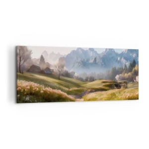 Quadro su tela - Stampe su Tela - Una valle di montagna con prati, rifugi e vista sulle cime - 120x50cm - Valle idilliaca - Decorazione murale moderna per soggiorno e camera da letto ARTTOR