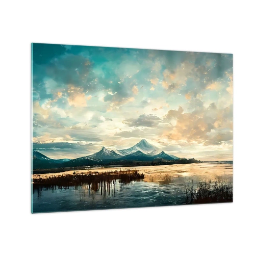 Quadro su vetro - Paesaggio invernale con montagne e un lago ghiacciato - 70x50cm - Sotto la protezione del cielo - Decorazione murale moderna per soggiorno e camera da letto ARTTOR