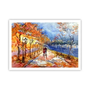 Poster - Una passeggiata autunnale nel parco sulla riva del fiume sotto l'ombrellone - 100x70cm - Insieme fino ai confini del tempo - Decorazione murale moderna per soggiorno e camera da letto ARTTOR