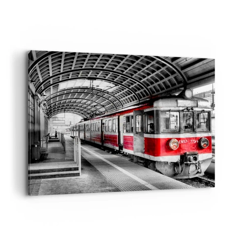 Quadro su tela - Stampe su Tela - Trenino rosso alla stazione sotto un tetto - 100x70cm - Sarà il viaggio della propria vita? - Decorazione murale moderna per soggiorno e camera da letto ARTTOR